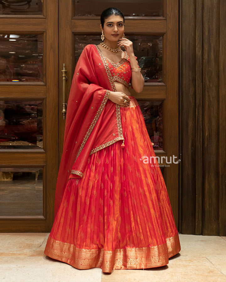 Red Zari Silk Lehenga Set with Embroidered Blouse and Dupatta 01