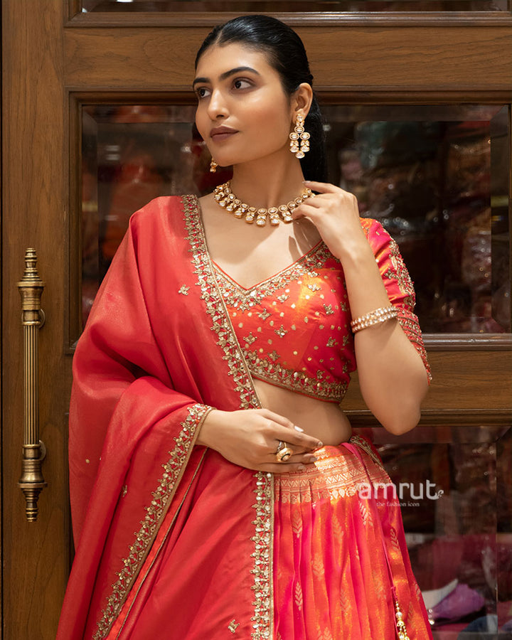 Red Zari Silk Lehenga Set with Embroidered Blouse and Dupatta 02