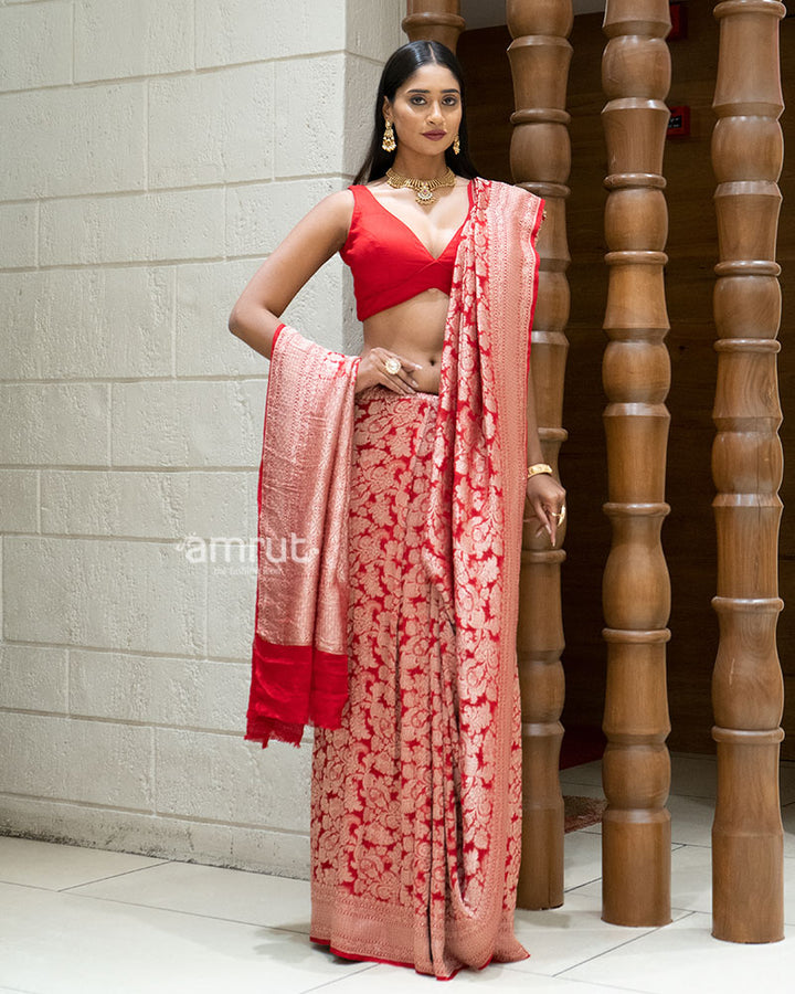Red Zari Woven Banarasi Saree with Floral Motifs and Unstitched Blouse 04
