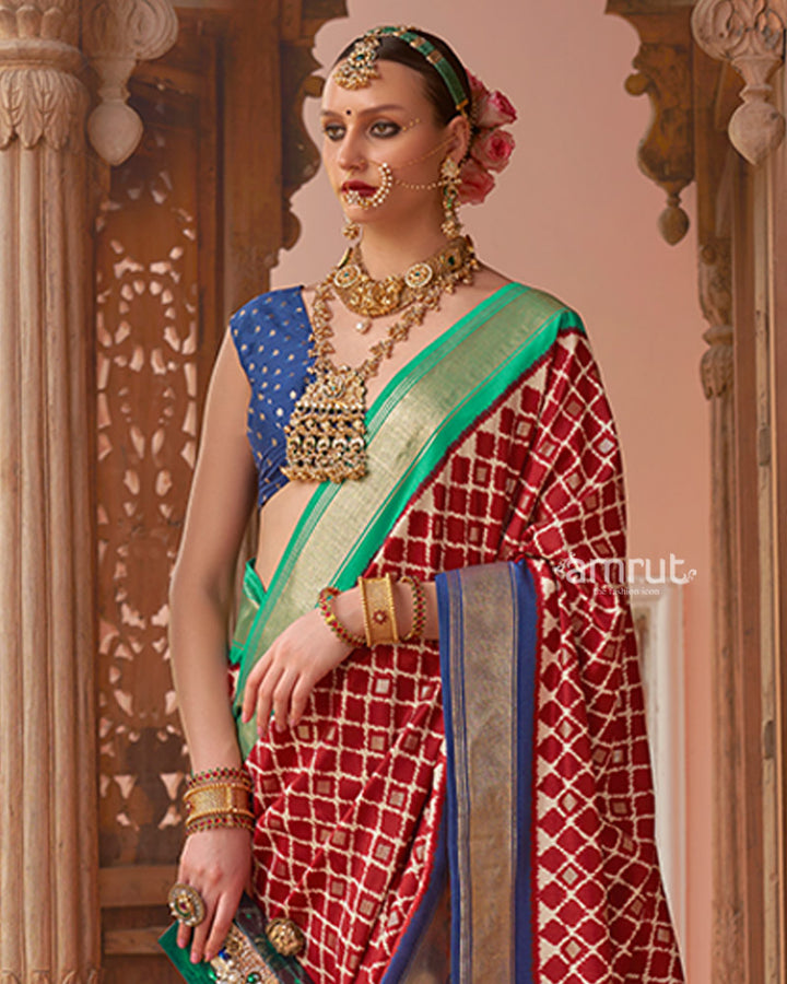 Red Zari Woven Patola Silk Saree with Unstitched Blouse 02