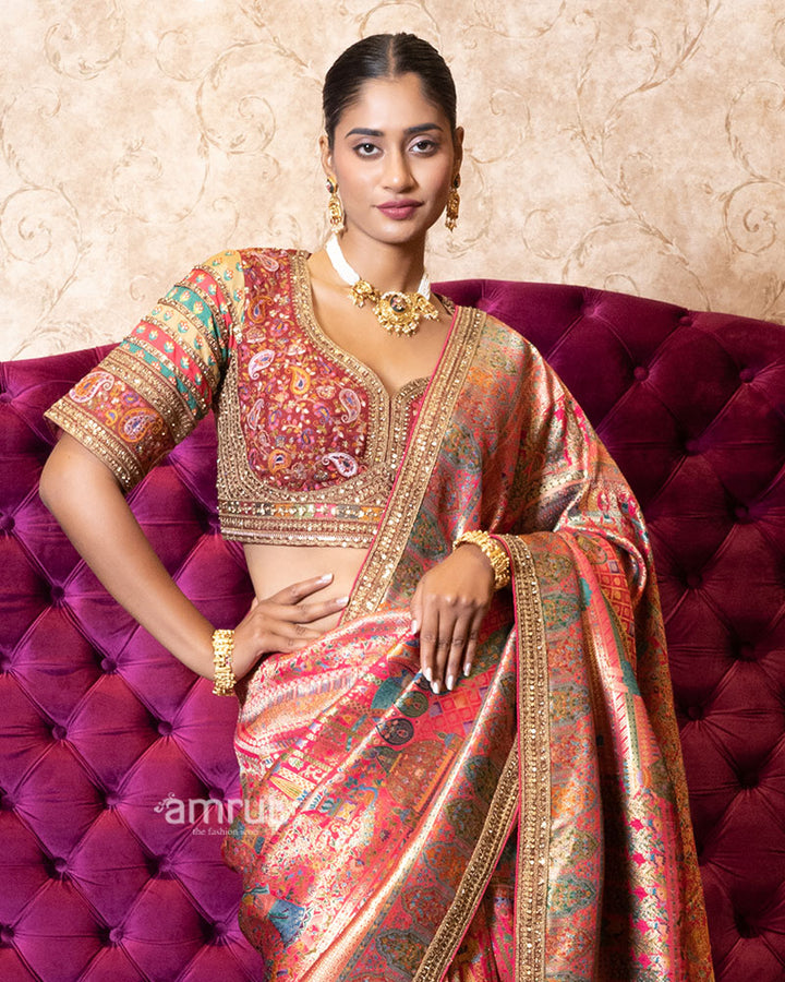 Red Zari Woven Silk Saree with Stitched Blouse 02