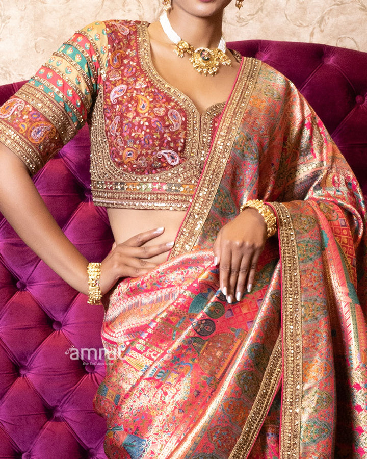Red Zari Woven Silk Saree with Stitched Blouse 03