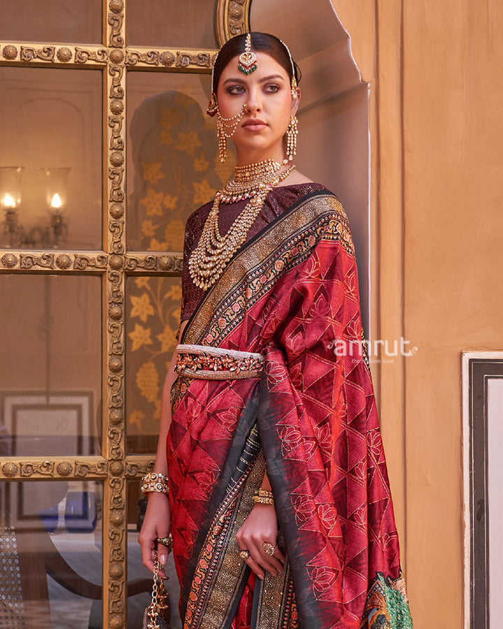 Red and Black Border Printed Silk Saree with Unstitched Blouse and Belt 02