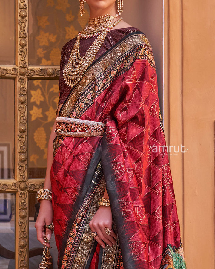 Red and Black Border Printed Silk Saree with Unstitched Blouse and Belt 03