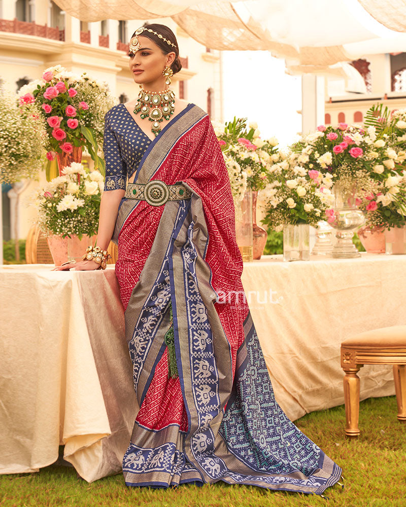 Red and Blue Zari Border Patola Silk Saree with Unstitched Blouse 01