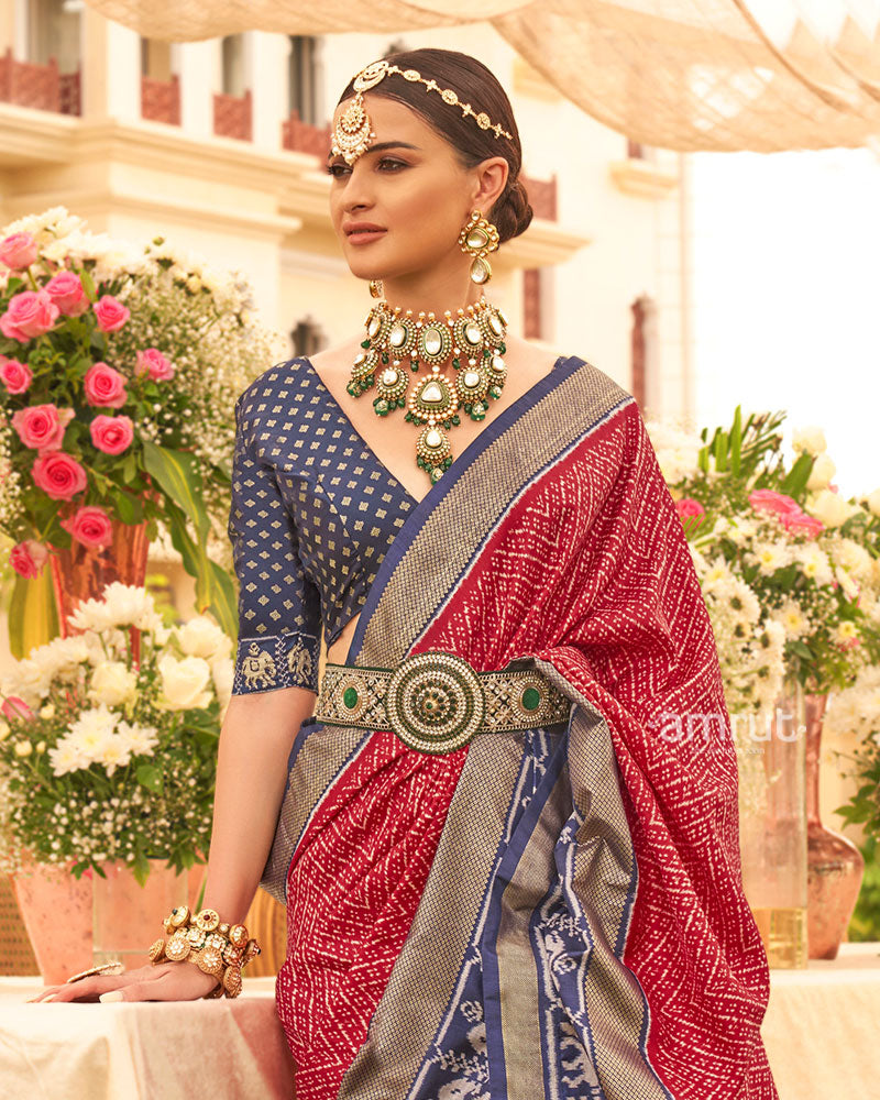 Red and Blue Zari Border Patola Silk Saree with Unstitched Blouse 02