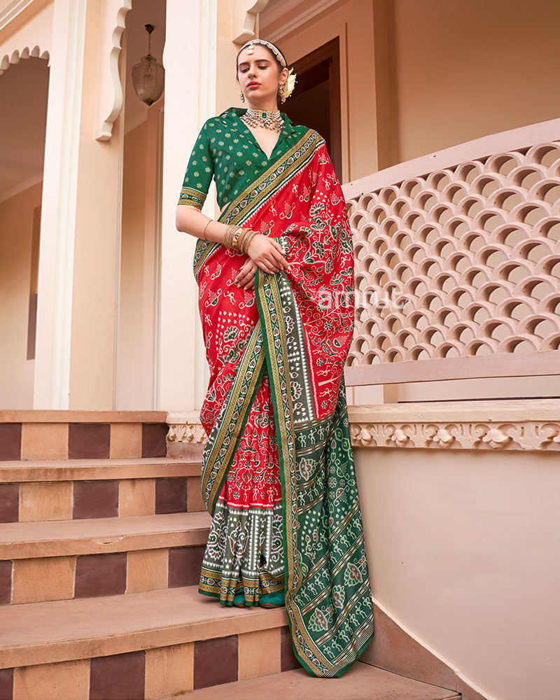 Red and Bottle Green Broad Border Patola Silk Saree with Unstitched Blouse 01