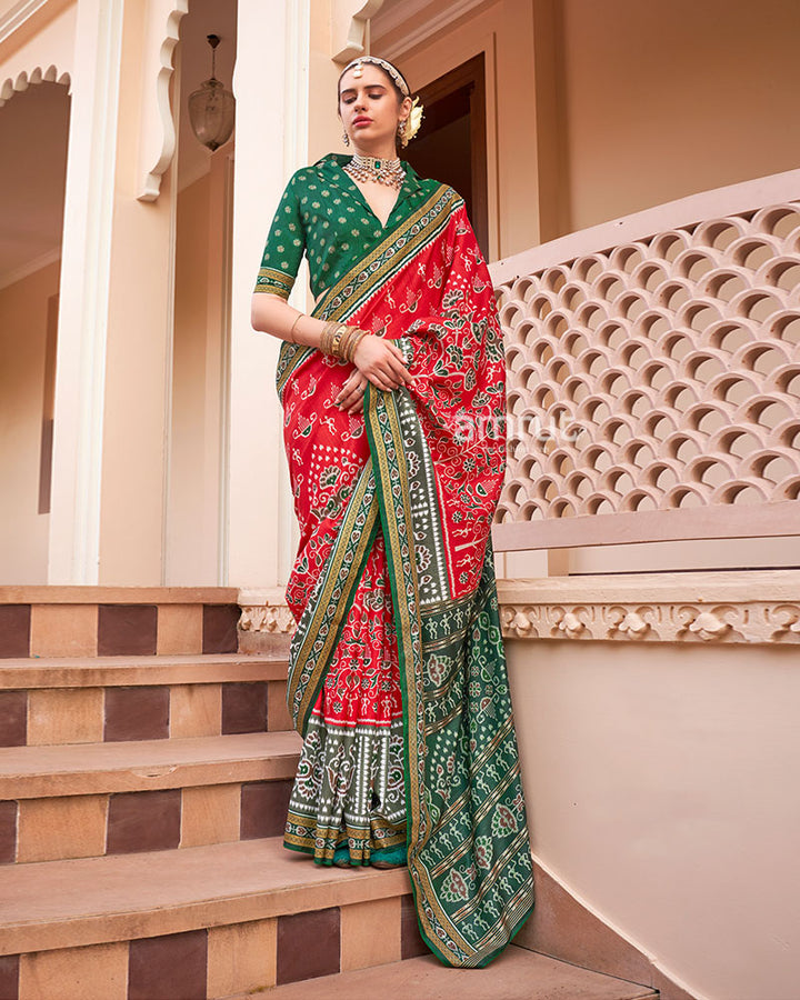 Red and Bottle Green Broad Border Patola Silk Saree with Unstitched Blouse 01