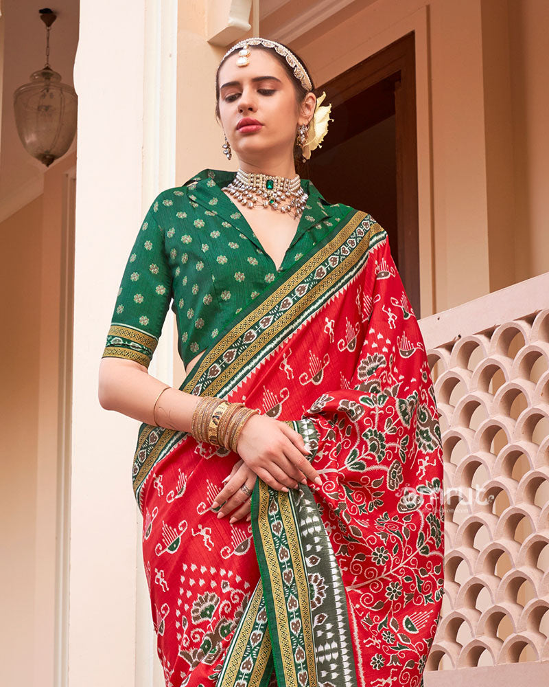 Red and Bottle Green Broad Border Patola Silk Saree with Unstitched Blouse 02