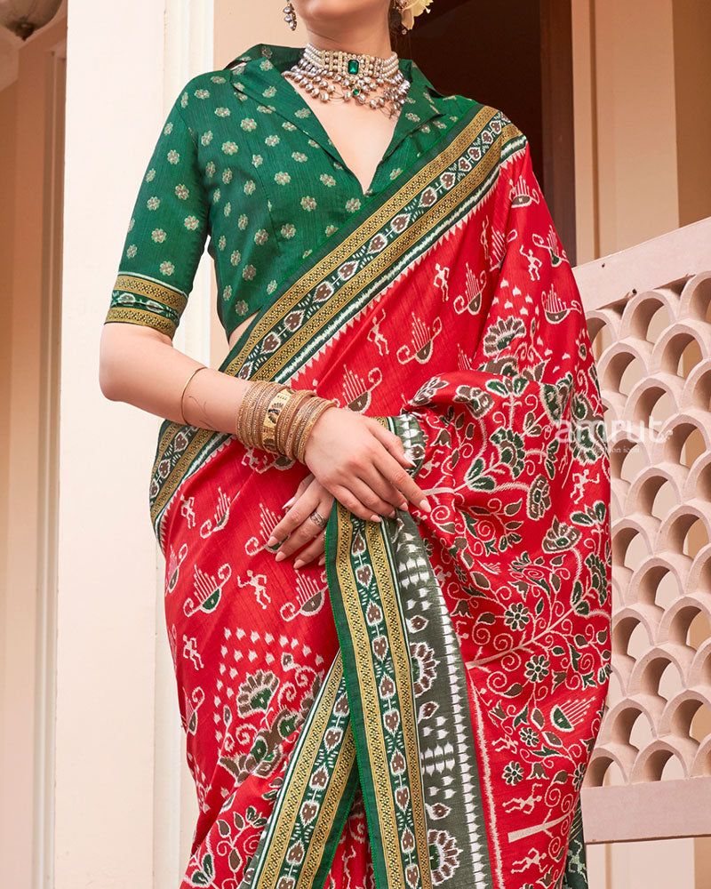 Red and Bottle Green Broad Border Patola Silk Saree with Unstitched Blouse 03