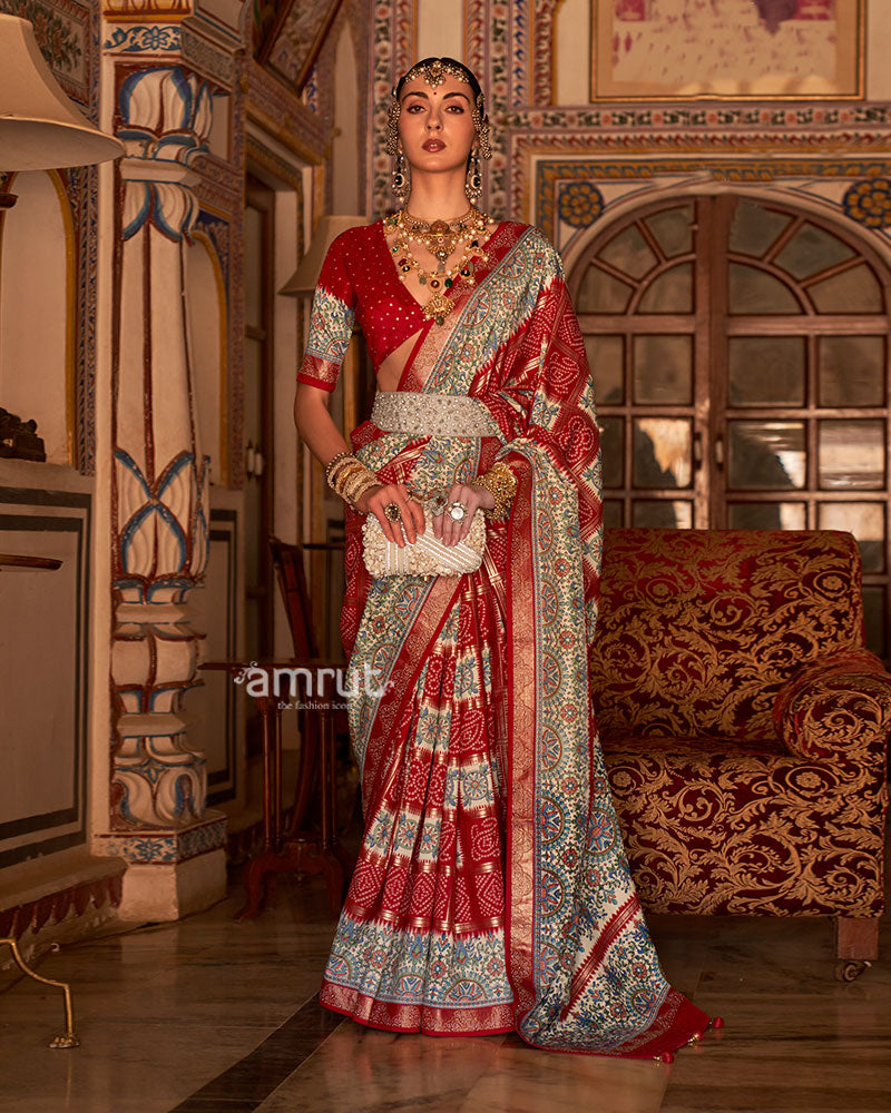 Red and Cream Bandhani Saree with Unstitched Blouse and Belt 01