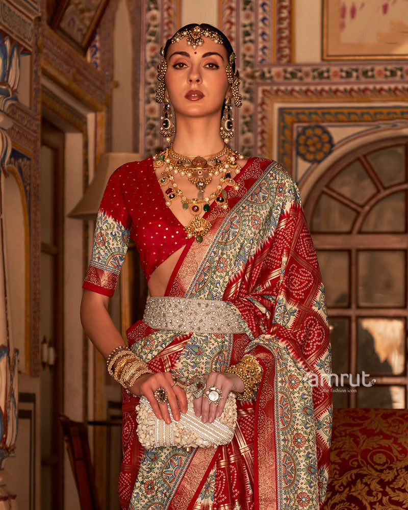 Red and Cream Bandhani Saree with Unstitched Blouse and Belt 02