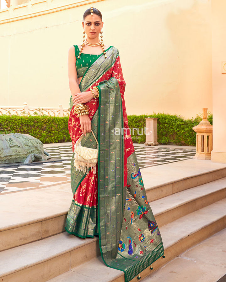 Red and Dark Green contrast Border Zari weaving Paithani Silk Saree with Unstitched Blouse 01