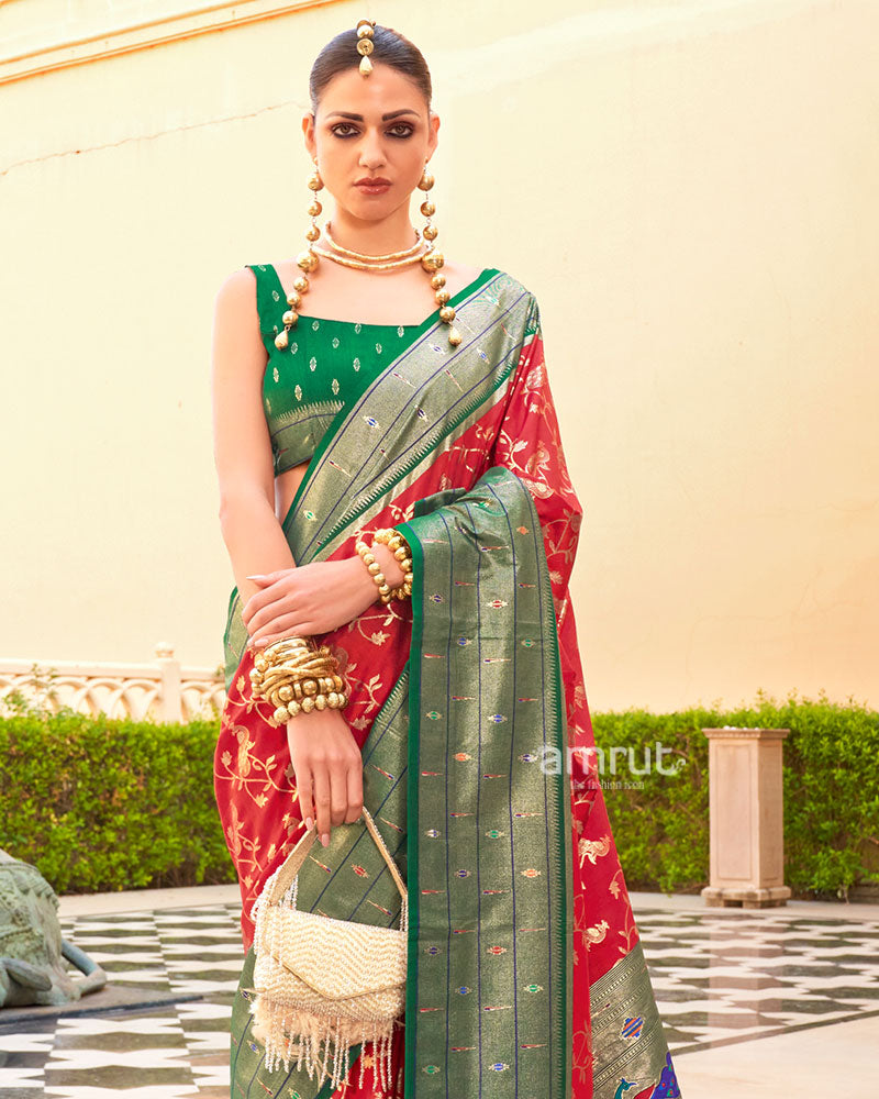 Red and Dark Green contrast Border Zari weaving Paithani Silk Saree with Unstitched Blouse 02