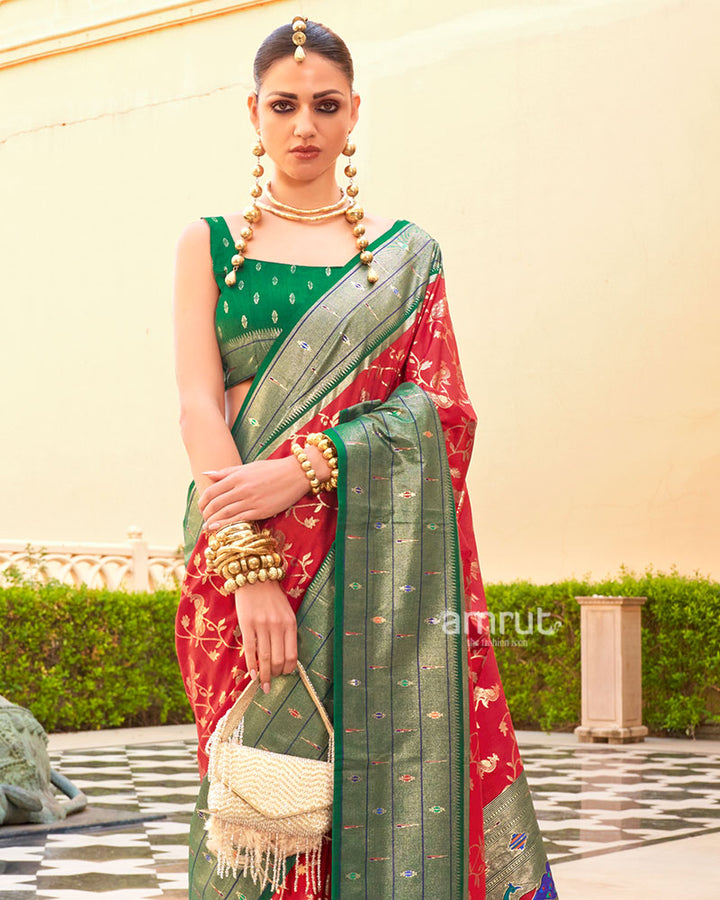Red and Dark Green contrast Border Zari weaving Paithani Silk Saree with Unstitched Blouse 02