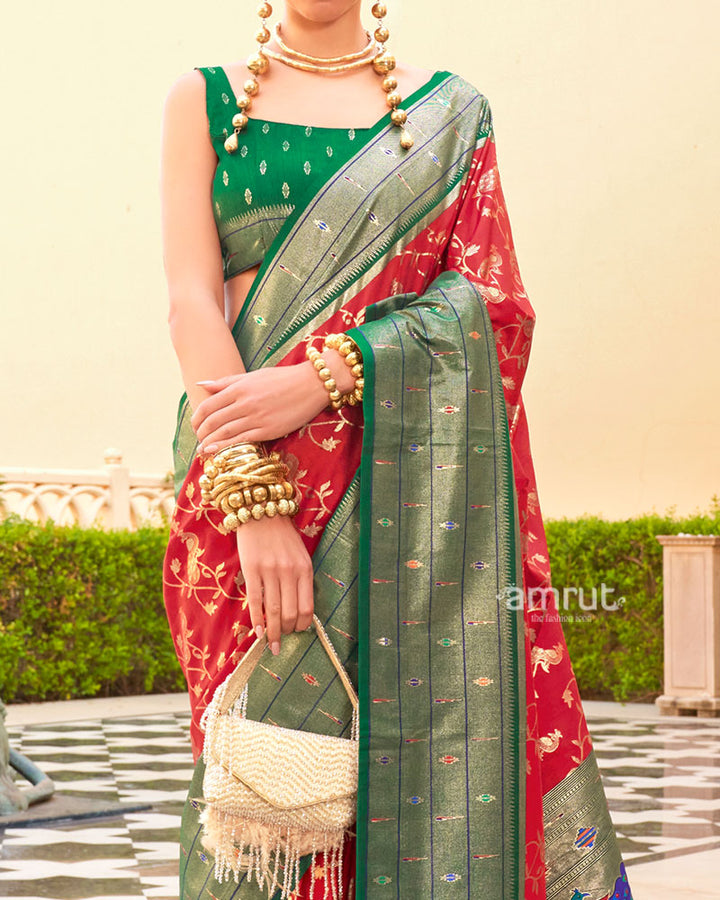 Red and Dark Green contrast Border Zari weaving Paithani Silk Saree with Unstitched Blouse 03