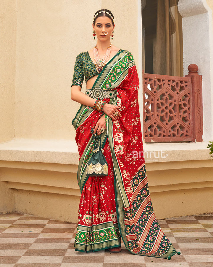 Red and Green Ethnic Printed Patola Silk Saree with Unstitched Blouse 01