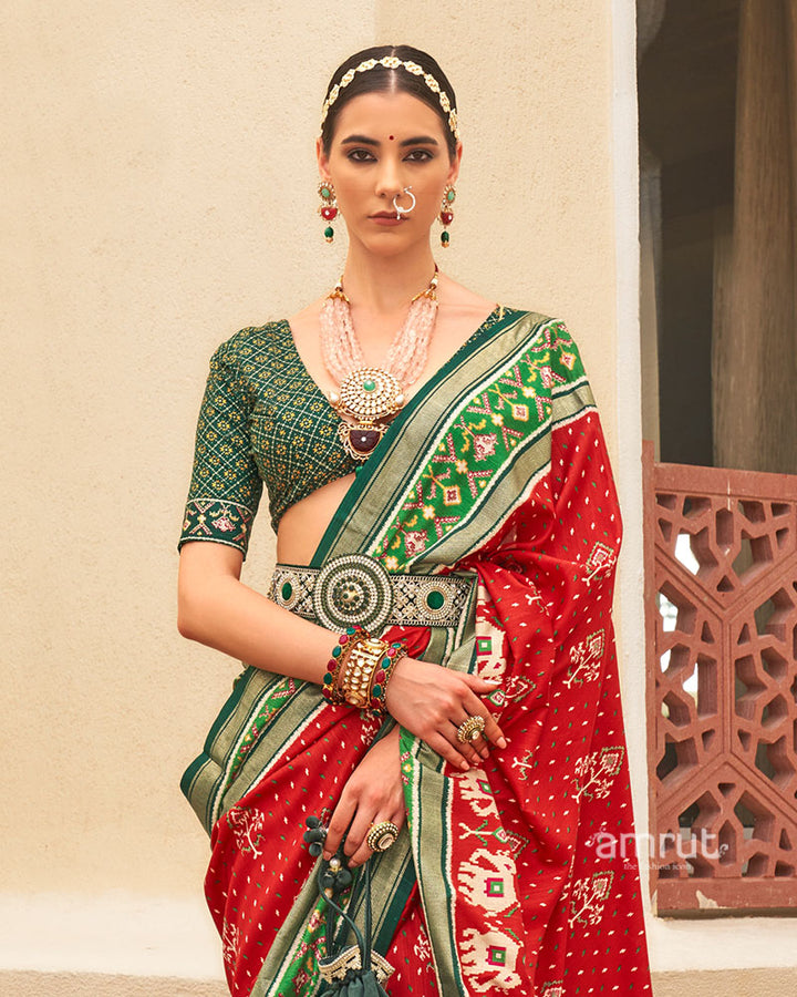 Red and Green Ethnic Printed Patola Silk Saree with Unstitched Blouse 02
