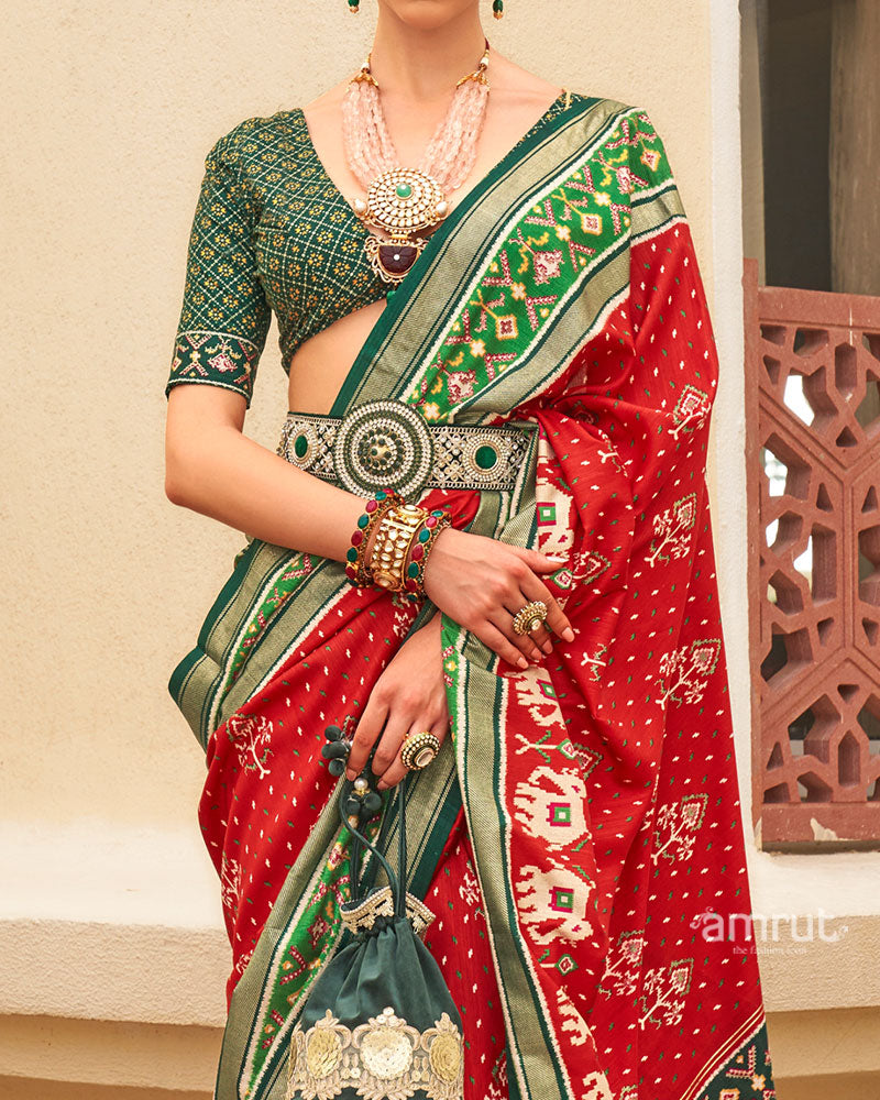 Red and Green Ethnic Printed Patola Silk Saree with Unstitched Blouse 03
