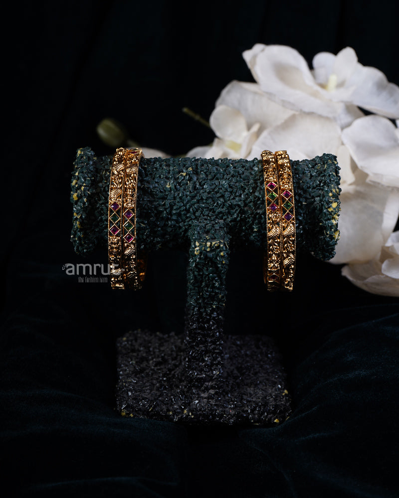 Red and Green Gemstone Embellished Gold-Tone Bangles 01