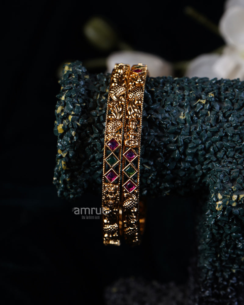 Red and Green Gemstone Embellished Gold-Tone Bangles 02