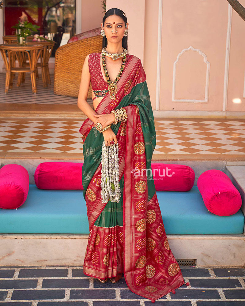 Red and Green Printed Patola Silk Saree with Unstitched Blouse 01