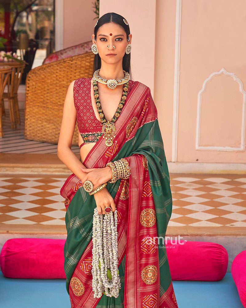 Red and Green Printed Patola Silk Saree with Unstitched Blouse 02