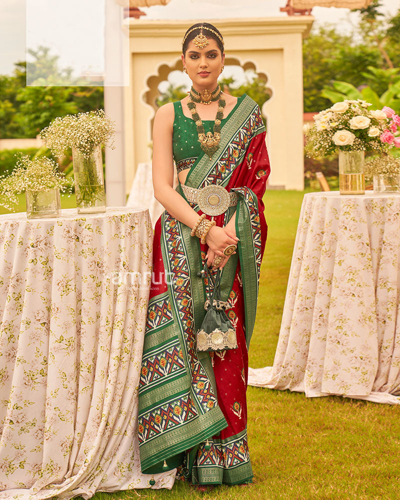 Red and Green Printed Patola Silk Saree with Zari Border and Unstitched Blouse 01