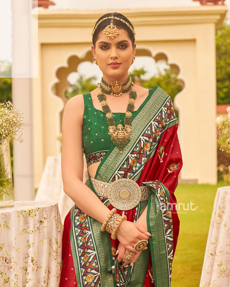 Red and Green Printed Patola Silk Saree with Zari Border and Unstitched Blouse 02