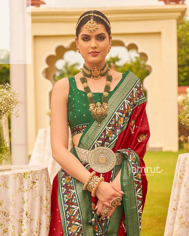 Red and Green Printed Patola Silk Saree with Zari Border and Unstitched Blouse 02