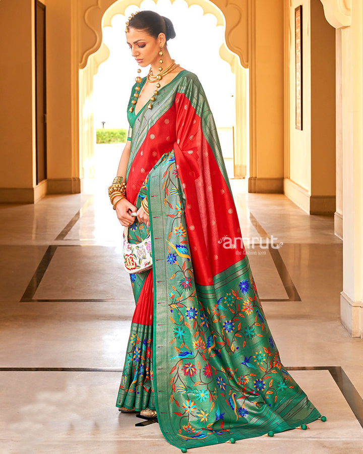 Red and Green contrast Border Zari weaving Paithani Silk Saree with Unstitched Blouse 01