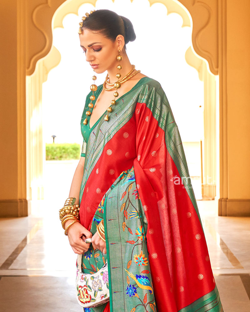 Red and Green contrast Border Zari weaving Paithani Silk Saree with Unstitched Blouse 02