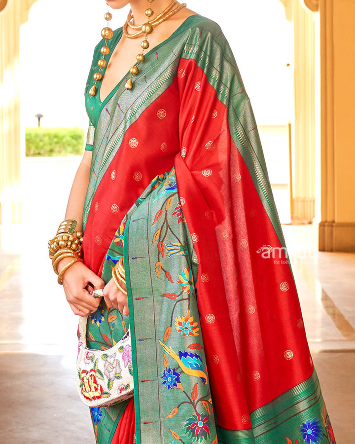 Red and Green contrast Border Zari weaving Paithani Silk Saree with Unstitched Blouse 03