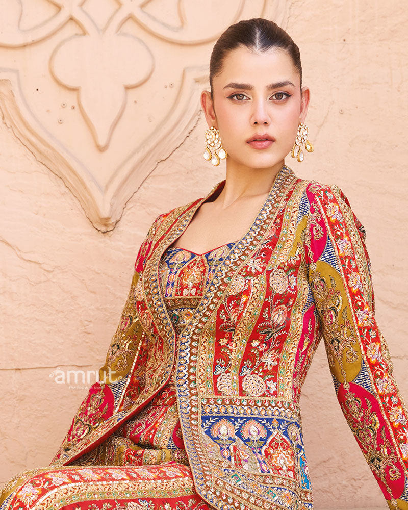 Red and Mustard Embellished Embroidered Indo-Western Set 02