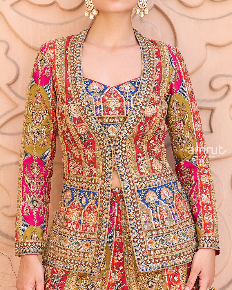 Red and Mustard Embellished Embroidered Indo-Western Set 03