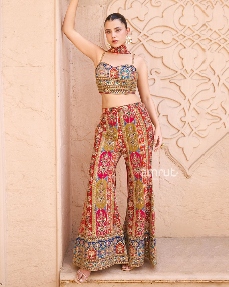 Red and Mustard Embellished Embroidered Indo-Western Set 04