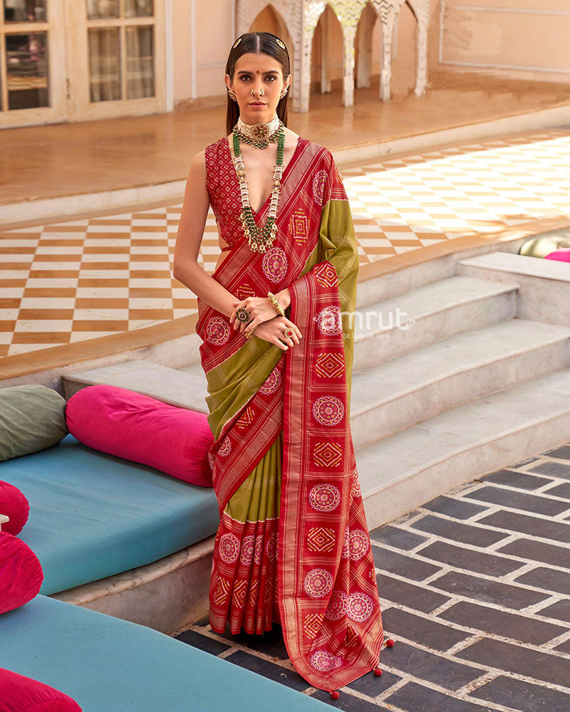 Red and Olive Green Printed Patola Silk Saree with Unstitched Blouse 01