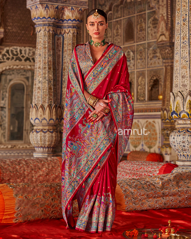 Red with Floral Motifs Printed Border Saree and Unstitched Blouse 01