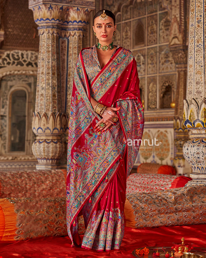 Red with Floral Motifs Printed Border Saree and Unstitched Blouse 01