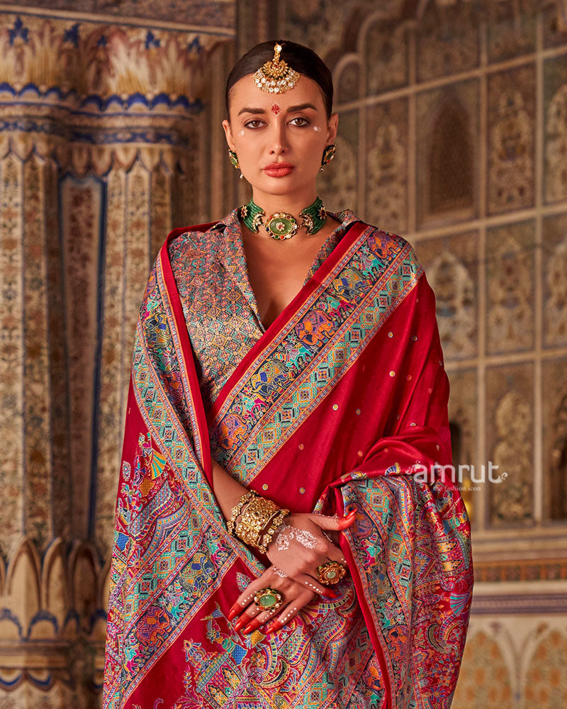 Red with Floral Motifs Printed Border Saree and Unstitched Blouse 02