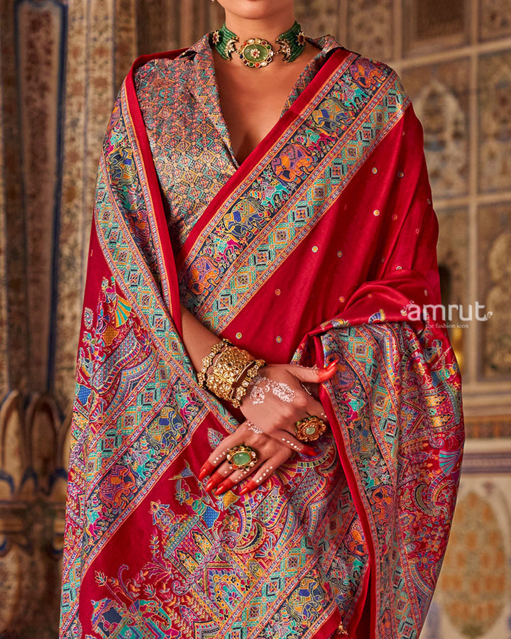 Red with Floral Motifs Printed Border Saree and Unstitched Blouse 03