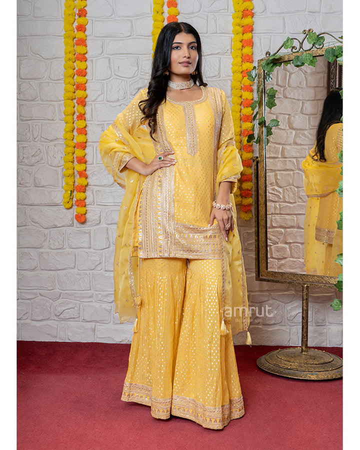 Refreshing Yellow Palazzo Suit with Straight Cut Kurta and Net Dupatta