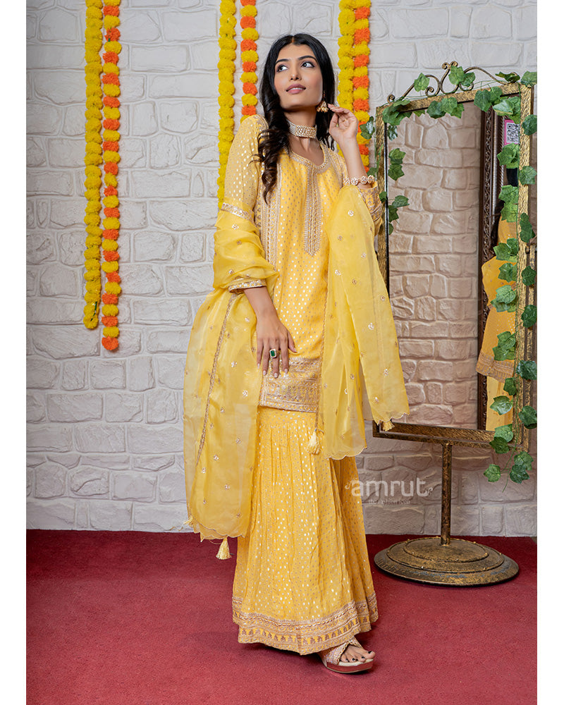 Refreshing Yellow Palazzo Suit with Straight Cut Kurta and Net Dupatta