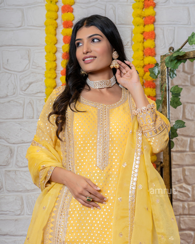 Refreshing Yellow Palazzo Suit with Straight Cut Kurta and Net Dupatta