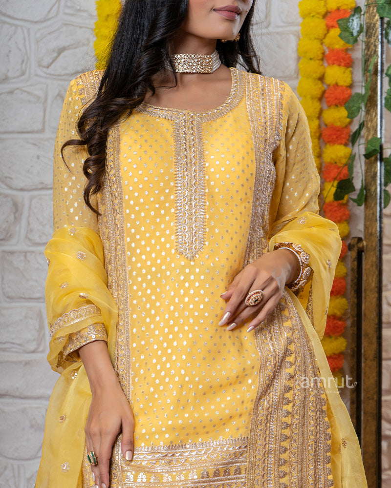 Refreshing Yellow Palazzo Suit with Straight Cut Kurta and Net Dupatta