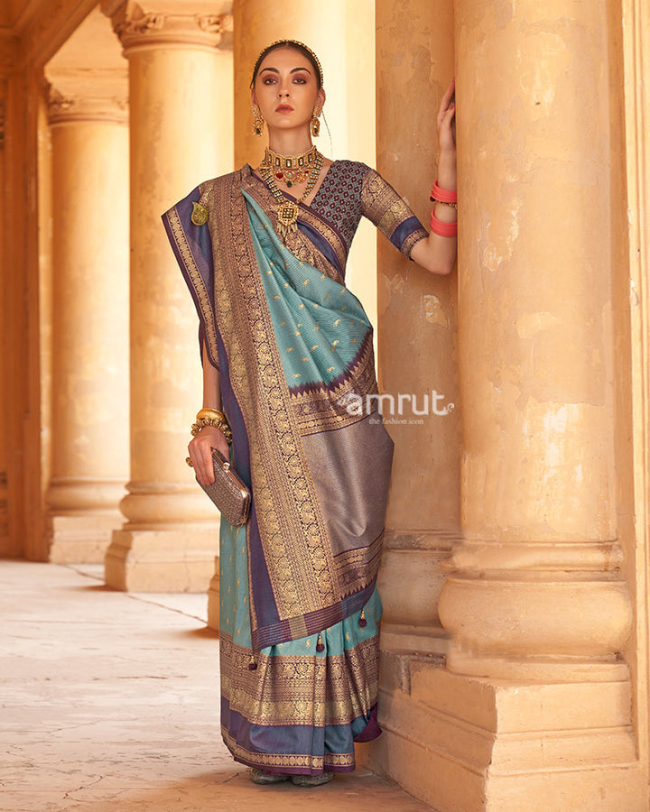 Regal Blue and Purple Borders Printed Patola Silk Saree with Unstitched Blouse 01