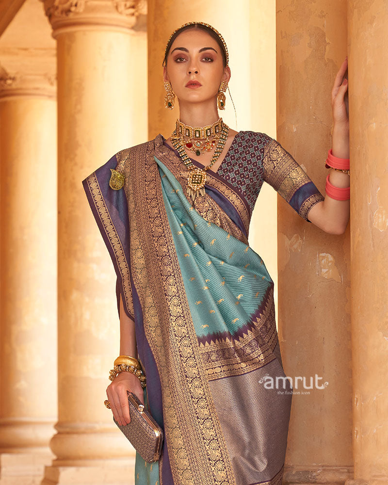 Regal Blue and Purple Borders Printed Patola Silk Saree with Unstitched Blouse 02