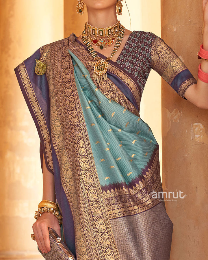 Regal Blue and Purple Borders Printed Patola Silk Saree with Unstitched Blouse 03