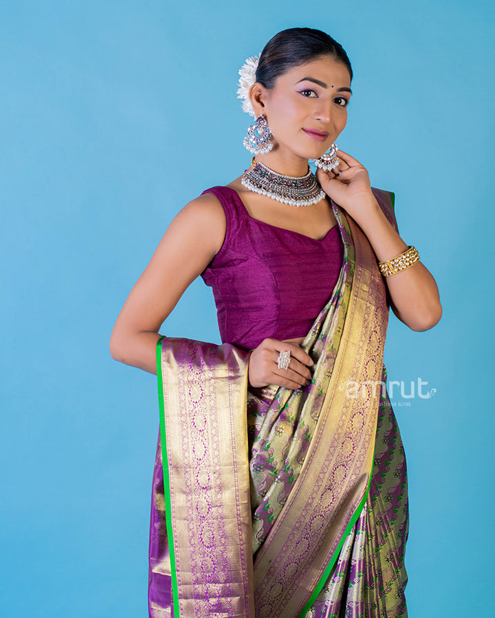 Rich Purple Heavy Banarasi Silk Woven Work Saree with Unstitched Blouse