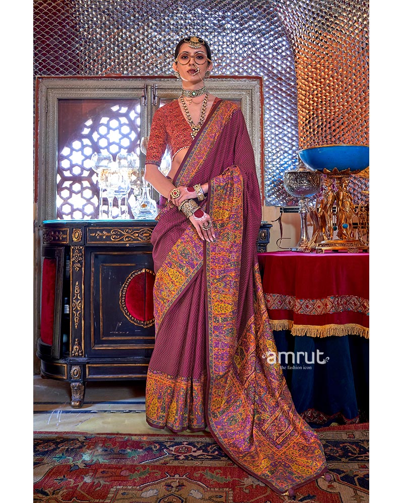 Rich Maroon Pashmina Silk Saree with Pink and Yellow Accent Border 01